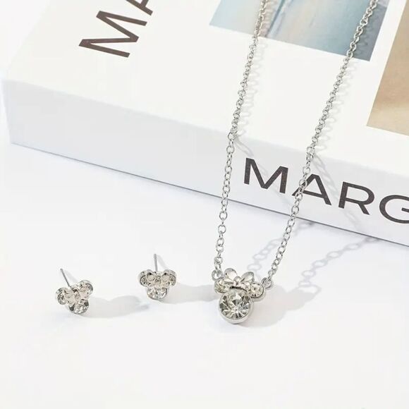 Silver Rhinestone Mickey Minnie Necklace Earrings Matching Set - Picture 4 of 6